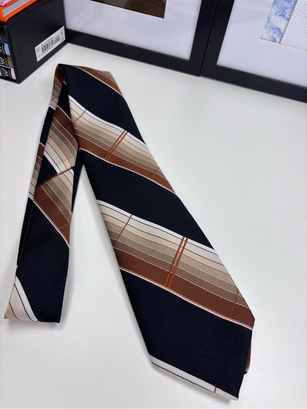 Classic 70’s Vintage EUC Black, Brown and Tan Striped Men’s Tie Groovy Vibe Cool